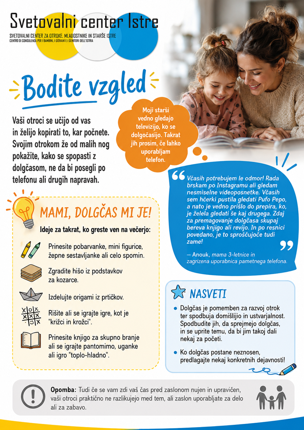Infografika Svetovalnega centra Istre o pomenu starševskega zgleda pri uporabi zaslonov in idejah za premagovanje dolgčasa brez naprav.