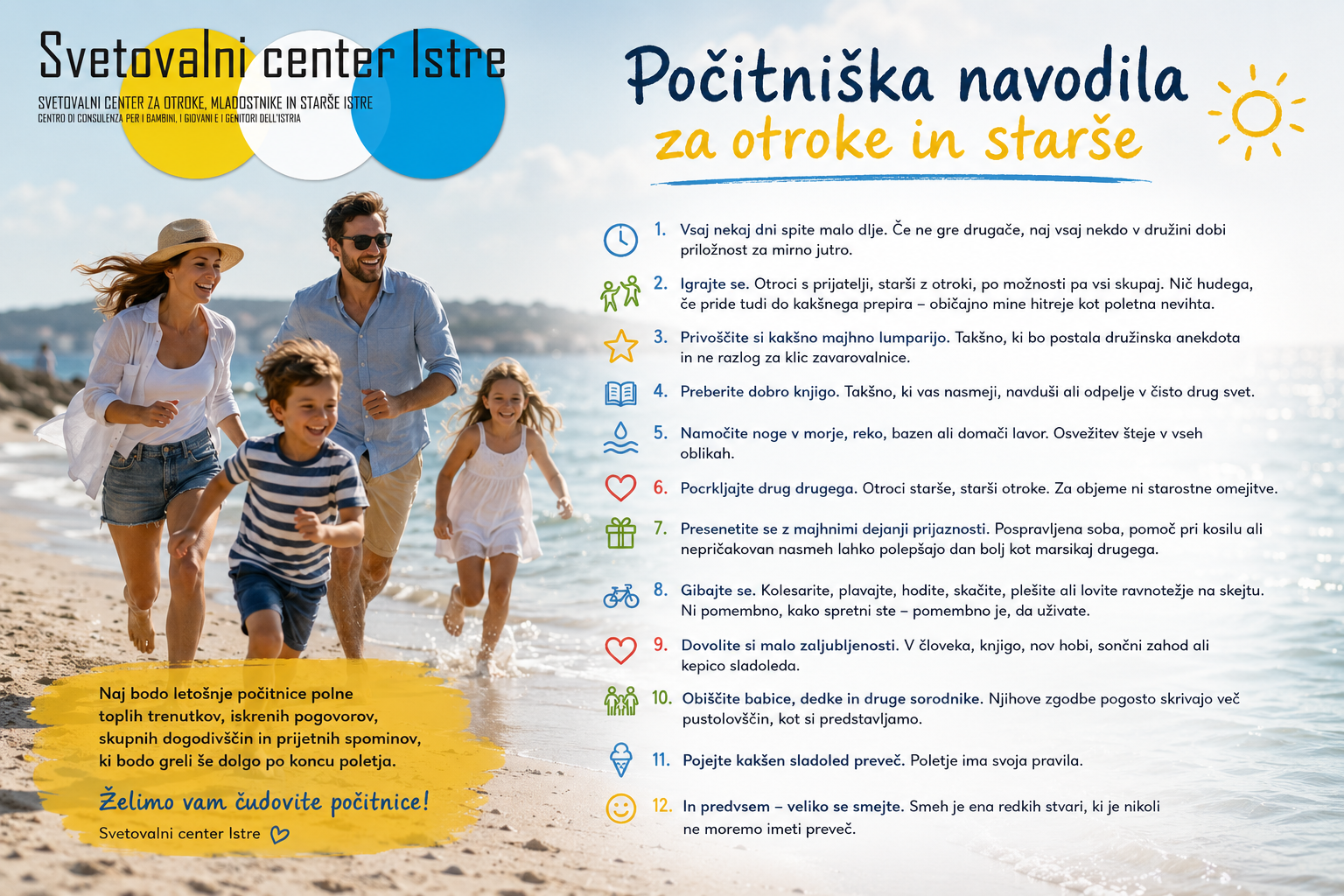 Grafika z naslovom "Počitniška navodila za otroke in starše" in seznamom 12 nasvetov za sproščeno poletje.
